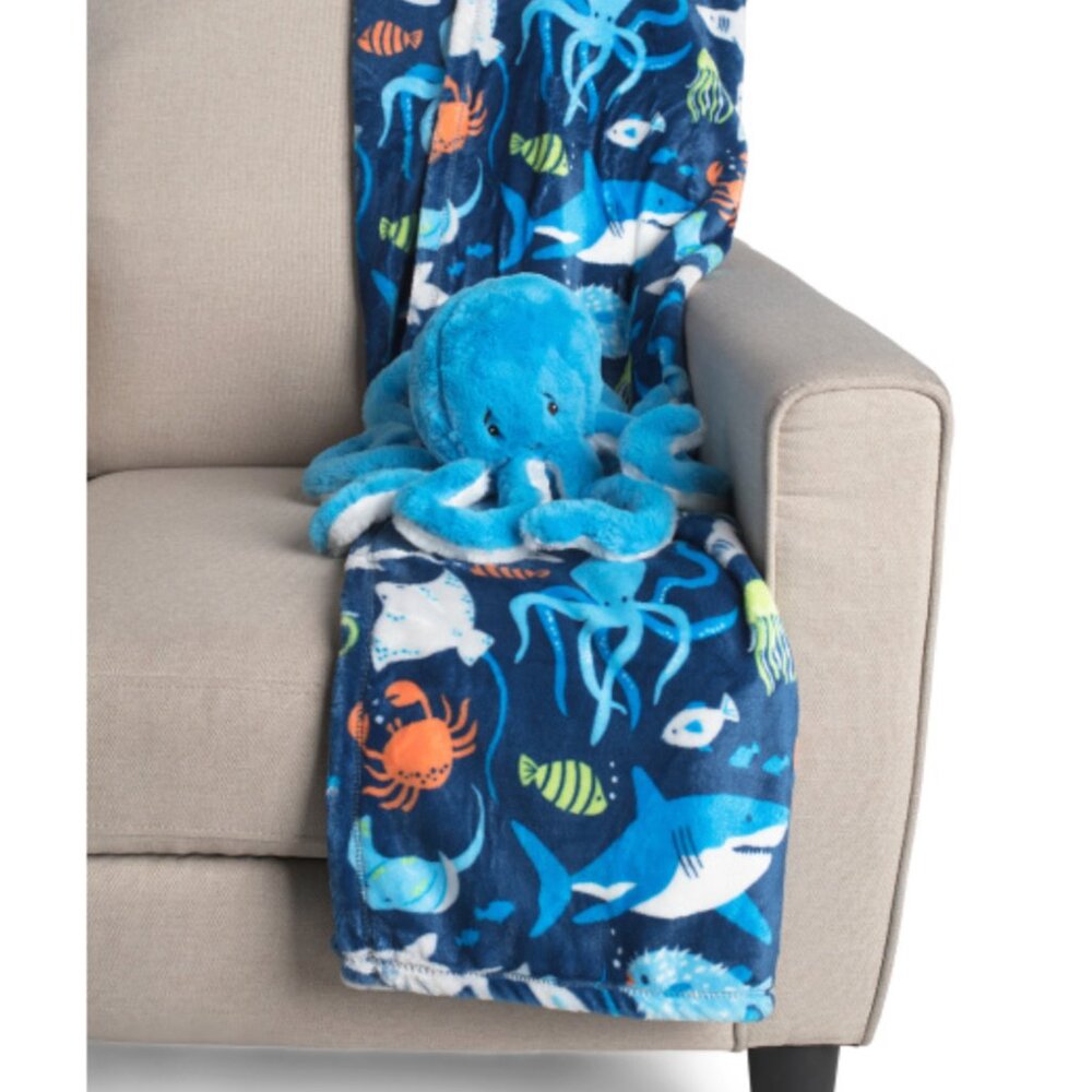 NEW Tommy Bahama Blue Octopus Plush Stuffed Animal Throw Blanket Set Beach Kids